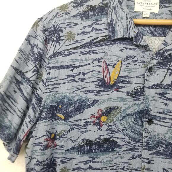 Lucky Brand Linen Blend Hawaiian Shirt Mens Large Blue Tropical Vacation - Picture 3 of 11